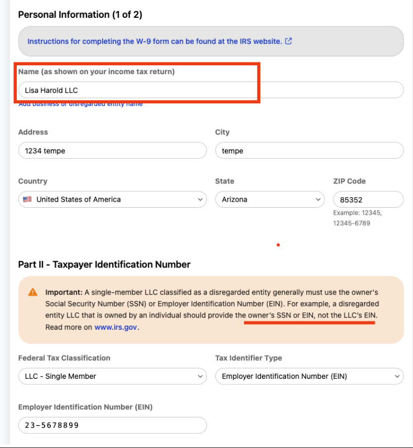 single member llc w 9 example